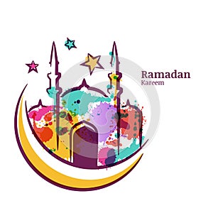 Ramadan Kareem greeting card with watercolor isolated illustration of multicolor mosque on moon.