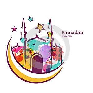 Ramadan Kareem greeting card with watercolor isolated illustration of multicolor mosque on moon. photo