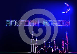 Ramadan Kareem greeting cards, neon sign style. Design template, light banner, night neon advert with crescent moon of mosque