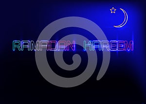 Ramadan Kareem greeting cards, neon sign style. Design template, light banner, night neon advert with crescent moon. Mubarak