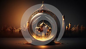 Ramadan Kareem greeting composition with Islamic lantern in night scene. Created with Generative AI technology