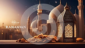 ramadan kareem greeting with lantern and nuts on table, with night starry sky and mosque on baackground photo