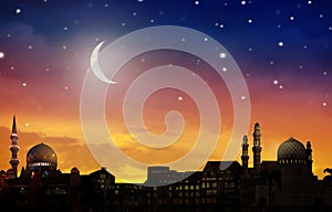 Ramadan Kareem greeting. Night sky, crescent moon