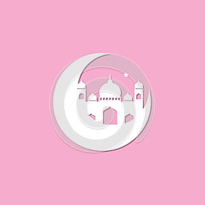 Ramadan kareem greeting,paper cut with mosque,crescent moon.Holy month of muslim year