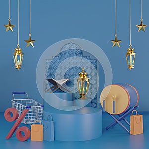 Ramadan Kareem greeting template with arabic lanterns, drum, shopping bag, percent symbol and trolley. Podium standing on the back