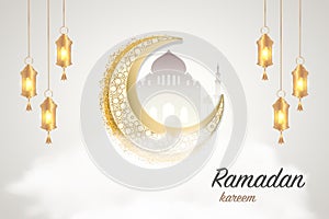 Ramadan kareem greeting template islamic crescent and arabic lantern. Vector illustration