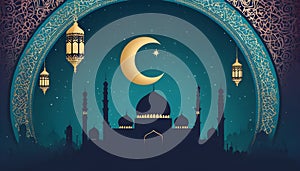 ramadan kareem greetings card with islamic ornaments, mosque silhouette, crescent moon, lanterns on the starry night blue sky