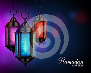 Ramadan Kareem Greetings with Colorful Set of Lanterns or Fanous photo