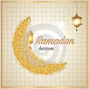 Ramadan Kareem greetings with moon. Muslim religion holy month Ramadan celebration greeting card. Eid Mubarak festive