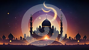 ramadan kareem greetings in night scenery with mosque and islamic caligraphy