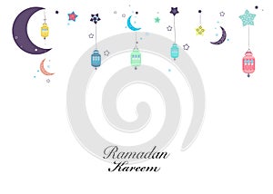 Ramadan Kareem with hanging colorful moon and stars. Ramadan nights stars, traditional lantern greeting card photo