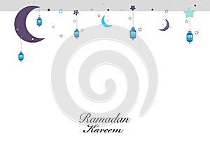 Ramadan Kareem with hanging moon and stars. Ramadan nights stars, traditional lantern greeting card