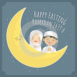 Happy Fasting Greeting Card, Muslim Children and Moon Cartoon Vector photo