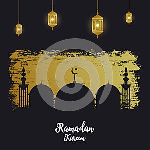 Ramadan Kareem holiday card with silhouette of mosque on golden brush stroke and islamic gold lanterns. Arabic greeting background