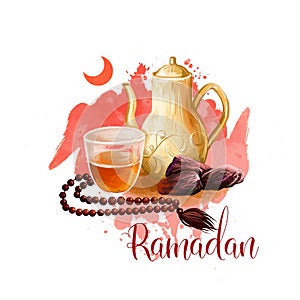 Ramadan Kareem holiday greeting card design. Symbols of Ramadan Mubarak: Crescent, Beads, Dates, Tea. Digital art illustration