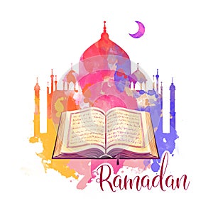 Ramadan Kareem holiday greeting card design. Symbols of Ramadan Mubarak: Muslim Mosque, Crescent, Quran book. Digital art
