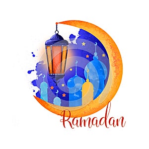 Ramadan Kareem holiday greeting card design. Symbols of Ramadan Mubarak: Muslim Mosque, Crescent, Ramazan Lantern. Digital art