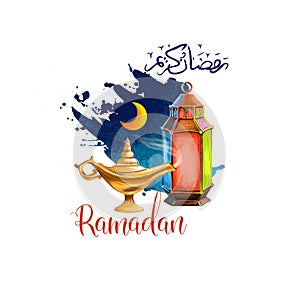 Ramadan Kareem holiday greeting card design. Symbols of Ramadan Mubarak: Ramadan Lantern, Crescent, Lamp, Arabic calligraphy.