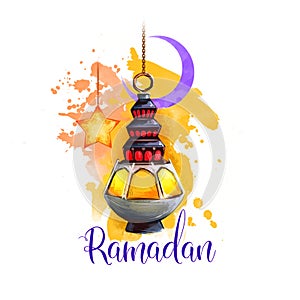 Ramadan Kareem holiday greeting card design. Symbols of Ramadan Mubarak: Ramadan Lantern, Crescent, Star. Digital art illustration