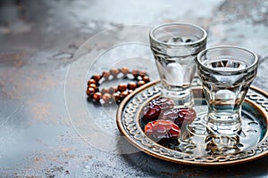 Ramadan Kareem holiday, water with dates fruit for Iftar