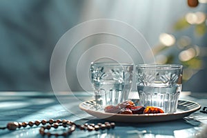 Ramadan Kareem holiday, water with dates fruit for Iftar