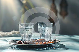 Ramadan Kareem holiday, water with dates fruit for Iftar