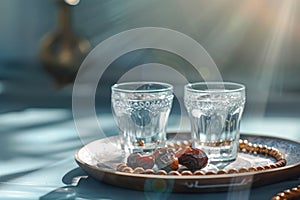 Ramadan Kareem holiday, water with dates fruit for Iftar