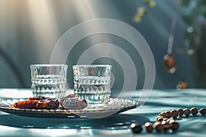 Ramadan Kareem holiday, water with dates fruit for Iftar