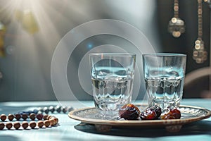 Ramadan Kareem holiday, water with dates fruit for Iftar