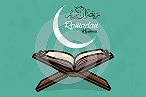 Ramadan Kareem Holy Month of Islam Greeting illustration with Quran and Calligraphy vector design.