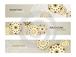 Ramadan Kareem horizontal banners with 3d arabesque stars and flowers. Vector Illustration for greeting card, poster. photo