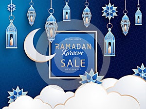 Ramadan Kareem horizontal Sale banner with traditional lanterns, crescent, stars and clouds on dark blue night sky background
