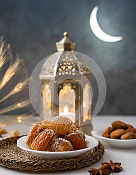 Ramadan Kareem and iftar muslim food. Holiday of Holy month of Ramadan. Dates, nuts, dried fruits and lattern with candles