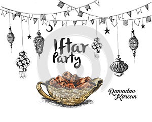 Ramadan Kareem Iftar party celebration, Hand Drawn Sketch Vector