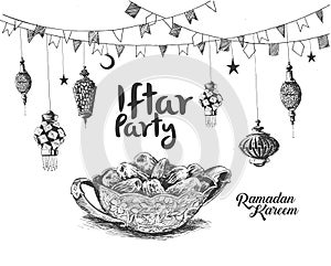 Ramadan Kareem Iftar party celebration, Hand Drawn Sketch Vector photo