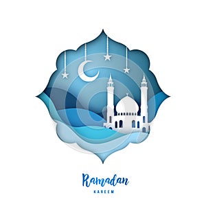 Ramadan Kareem illustration with arabic Origami Mosque