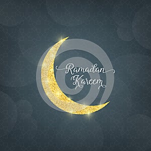 Ramadan Kareem. Illustration with gold stipple new moon. Card for Islamic holidays