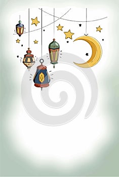 Ramadan Kareem illustration Vector,Ramazan Greeting Card Drawing,Arabesque Decoration Lamps Vector