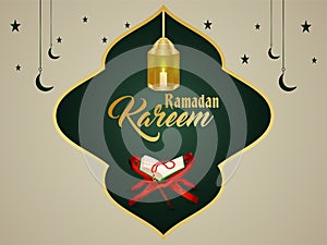Ramadan kareem invitation greeting card with islamic golden lantern and holy book quraan photo