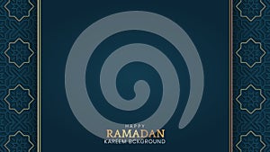 Ramadan Kareem, Islamic Arabic Blue Luxury Background with Golden Pattern Border Frame