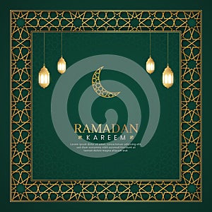 Ramadan Kareem, Islamic Arabic Green Luxury Background with Geometric pattern Frame and Lanterns