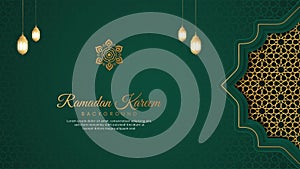 Ramadan Kareem Islamic Arabic Green Luxury Background with Geometric pattern and Lanterns