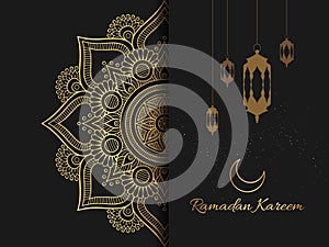 Ramadan Kareem islamic arabic greeting caligraphy and islamic geometric background card design.  illustration