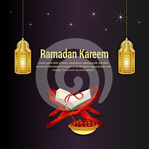 Ramadan kareem islamic background with islamic golden lantern and holy book quraan
