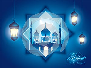 Ramadan Kareem islamic background with mosque and arabic lantern