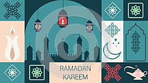 Ramadan Kareem. Islamic banner template with ramadan for wallpaper design. Traditional patterns and elements. Mosaic