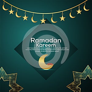 Ramadan kareem islamic festival celebration greeting card with pattern flower and arabic moon