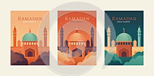 Ramadan Kareem. Islamic greeting card templates with mosque temple, minaret during night and sunset. Retro wallpaper