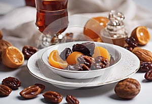 Ramadan Kareem Islamic holiday greeting card template. Crescent moon plate with dried dates fruit, arabic lantern, cup of tea,