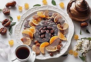 Ramadan Kareem Islamic holiday greeting card template. Crescent moon plate with dried dates fruit, arabic lantern, cup of tea,